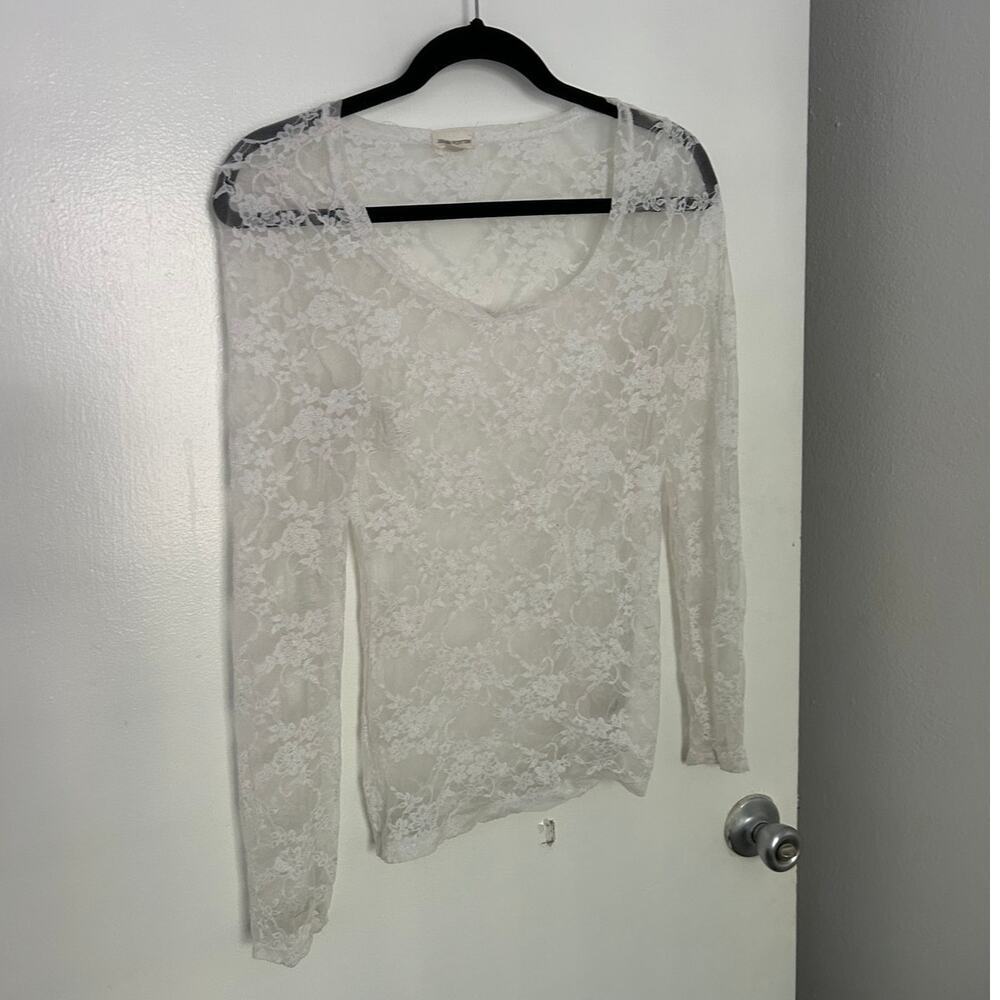 White Sheer Lace Mesh Long-Sleeve Top